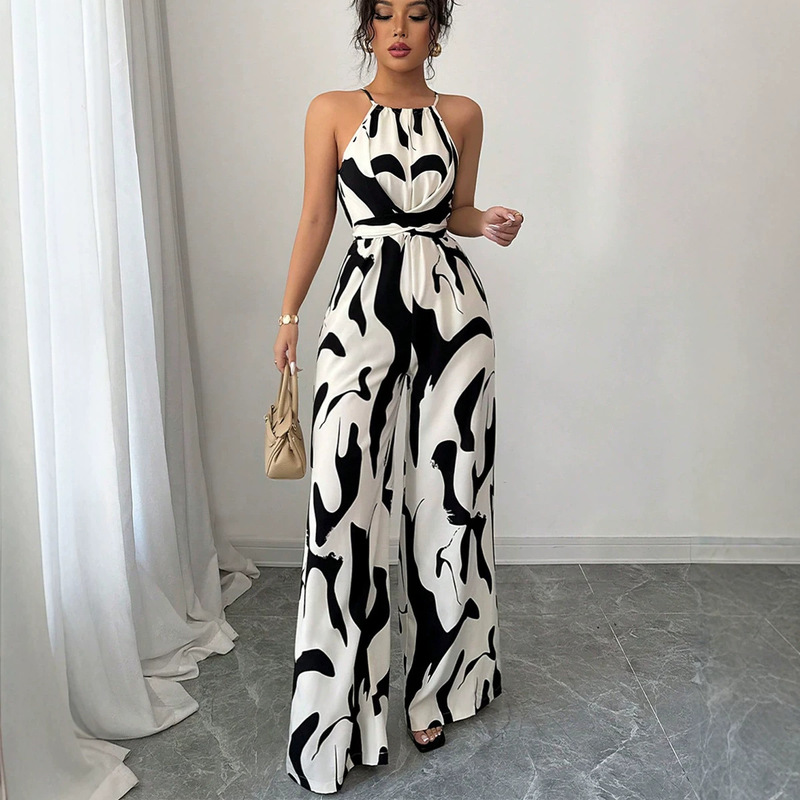 Cross-Border Foreign Trade Halter Neck Jumpsuit 2026 Summer European and American Style Milk Pattern Tie-Up Halter Jumpsuit for Women