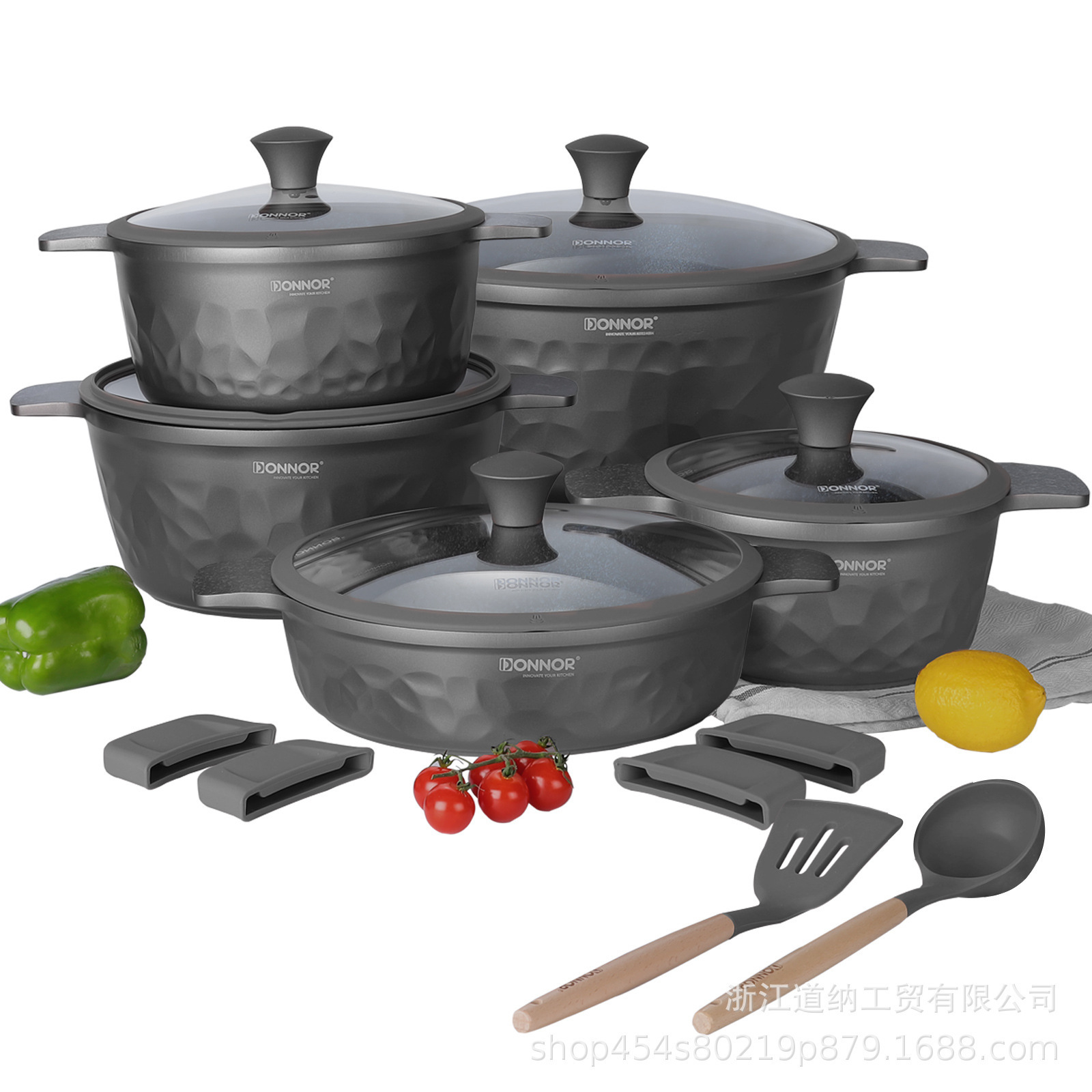 Juego de Utensilios de Cocina Donnor con Textura Martillada de 12/16 Piezas, Compatible con Estufas de Inducción y de Gas, Utensilios de Cocina Antiadherentes, Transfronterizo