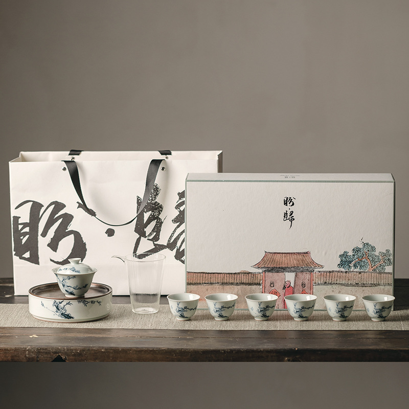 Hand-painted Blue and White Plum Blossom Ancient Style Cover Cup Tea Set with Tea Pot and Stand, Gift Boxed Set