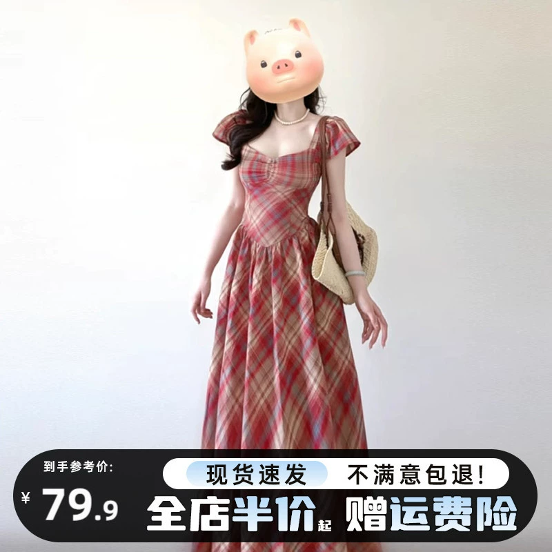 Красивое красное клетчатое платье для женщин, лето 2025, новый стиль, элегантная юбка с завышенной талией.