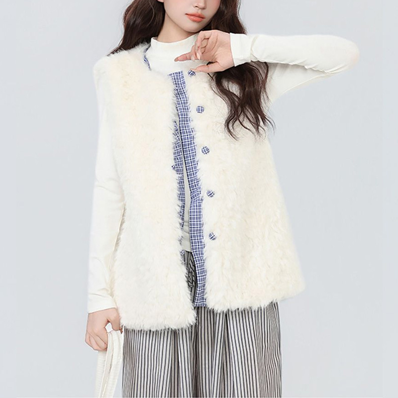 White Lamb Wool Vest Jacket for Women in Autumn and Winter New Style for Small People to Wear Blue Plaid Splicing Vest Vest Top