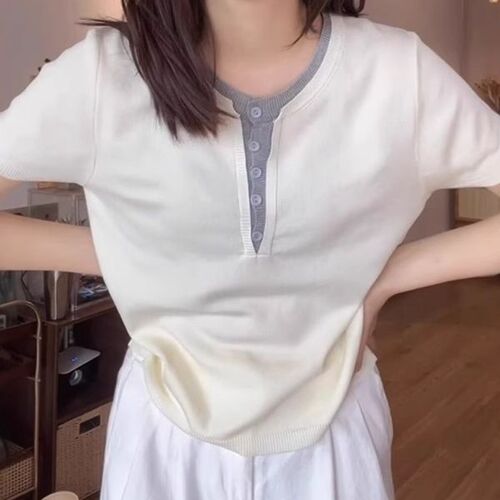 Plus Size Striped Mock Two-Piece Ice Silk Short-Sleeve Knit Top for Women 2025 Summer Fat MM Fashion Loose Youthful Upper Body Shirt