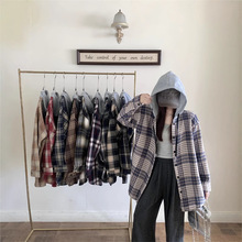 复古格子衬衣休闲连帽长袖排扣上衣宽松BF风慵懒韩系衬衫女士外套