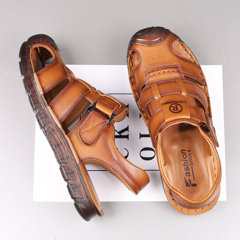 Пляжные сандалии, мужские нескользящие пляжные туфли из воловьей кожи с низкой подошвой, новые летние повседневные сандалии и тапочки двойного назначения из воловьей кожи первого слоя