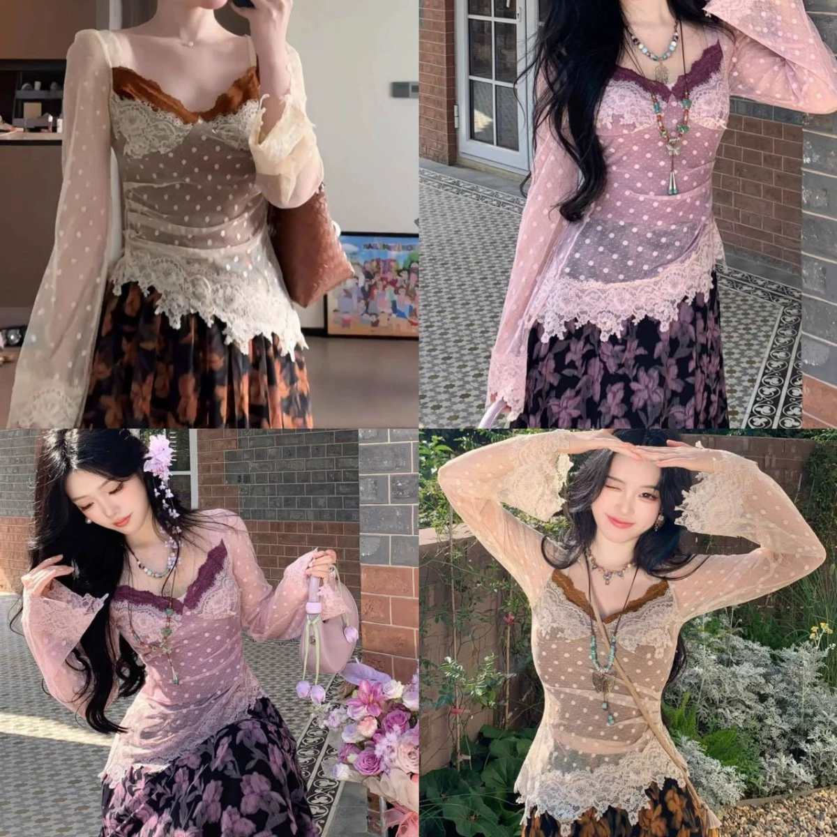 Кофта с длинным рукавом из кружева, осенний дизайн, one size, полупрозрачная в горох с кружевом