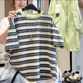 1立体短袖26新款夏季中大童夏款上衣宽松体恤潮条纹