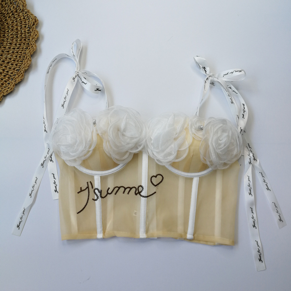 Lencería sexy con almohadilla en el pecho corto ver a través de la correa bellyband expuesto ombligo sexy Correa chica linda flor tubo superior