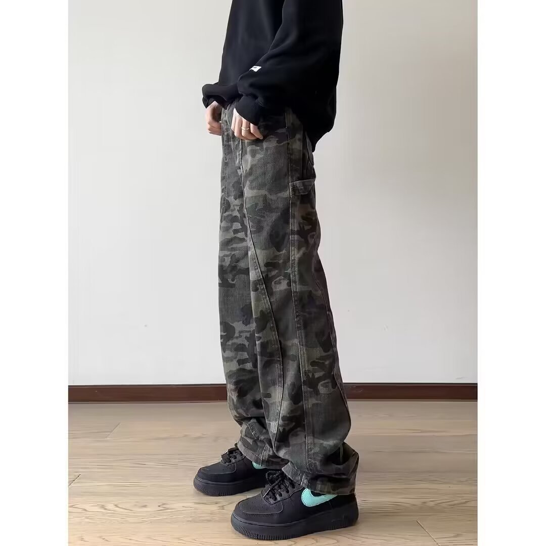 Vaqueros de camuflaje para hombres y mujeres nuevos pantalones retro americano de la calle alta pantalones anchos rectos sueltos