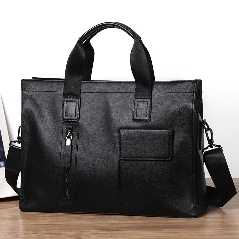 Túi xách tay nam da bò lớp đầu 40×13×29 cm đựng laptop 15.6 inch — Dây kéo dọc màu đen không có túi bên, Dây kéo dọc màu đen có túi bên