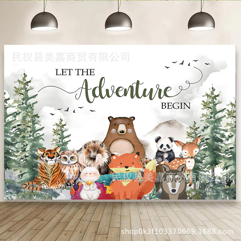 Cross-border Camping Style Adventure Forest Animal Photography Background Cloth Kidsren's Birthday Party Party Photo Banner Decoration