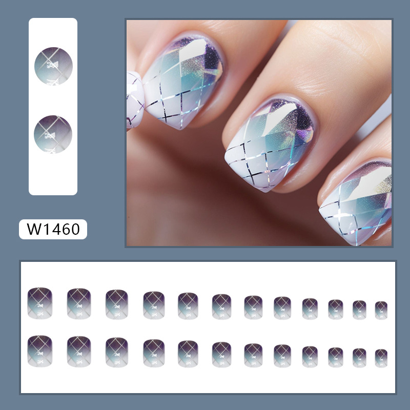 Purple Blue Halo Dyed Plaid False Nails Square Shape Press Ons_voghion.com