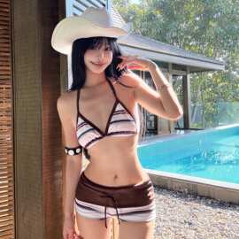 泰国新款可爱少女印花分体泳衣纯欲条纹显瘦温泉度假bikini比基尼