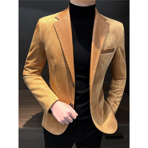 High-end Leisure Suit New Hong Kong Style Western Suit Autumn/Winter Splicing Outerwear Men's Leather Cowhide Cool Style Machine Washable