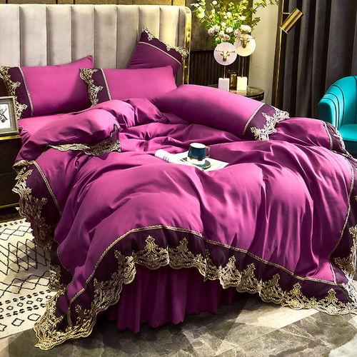 Cross-border e-commerce light luxury European style brushed embroidery four-piece set solid color bed skirt three/4-piece set shipped by manufacturer