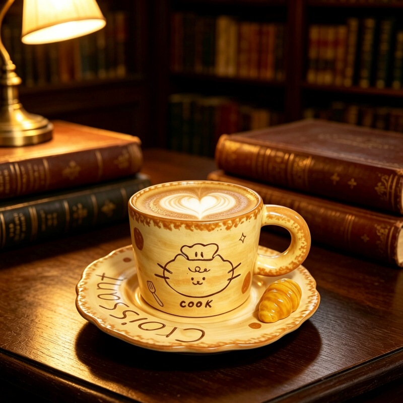 Retro-style, high-end, handmade cat-themed coffee cup and saucer set, ceramic water cup, for home use, afternoon tea cup, mug, gift