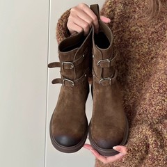 在庫あり シープスキンバージョン～レトロなカラーリングベルトバックル ウエスタンカウボーイブーツ ショートブーツ レディース メイラードマーティンブーツ バイクブーツ