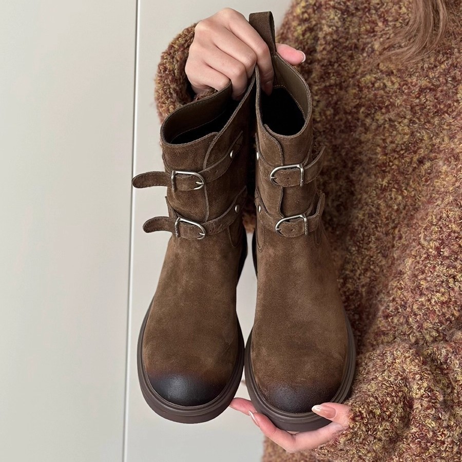 In-Stock Sheepskin Version ~ Vintage Distressed Leather Buckle Western Cowboy Boots Short Boots Women's Melad Martin Boots Motorcycle Boots