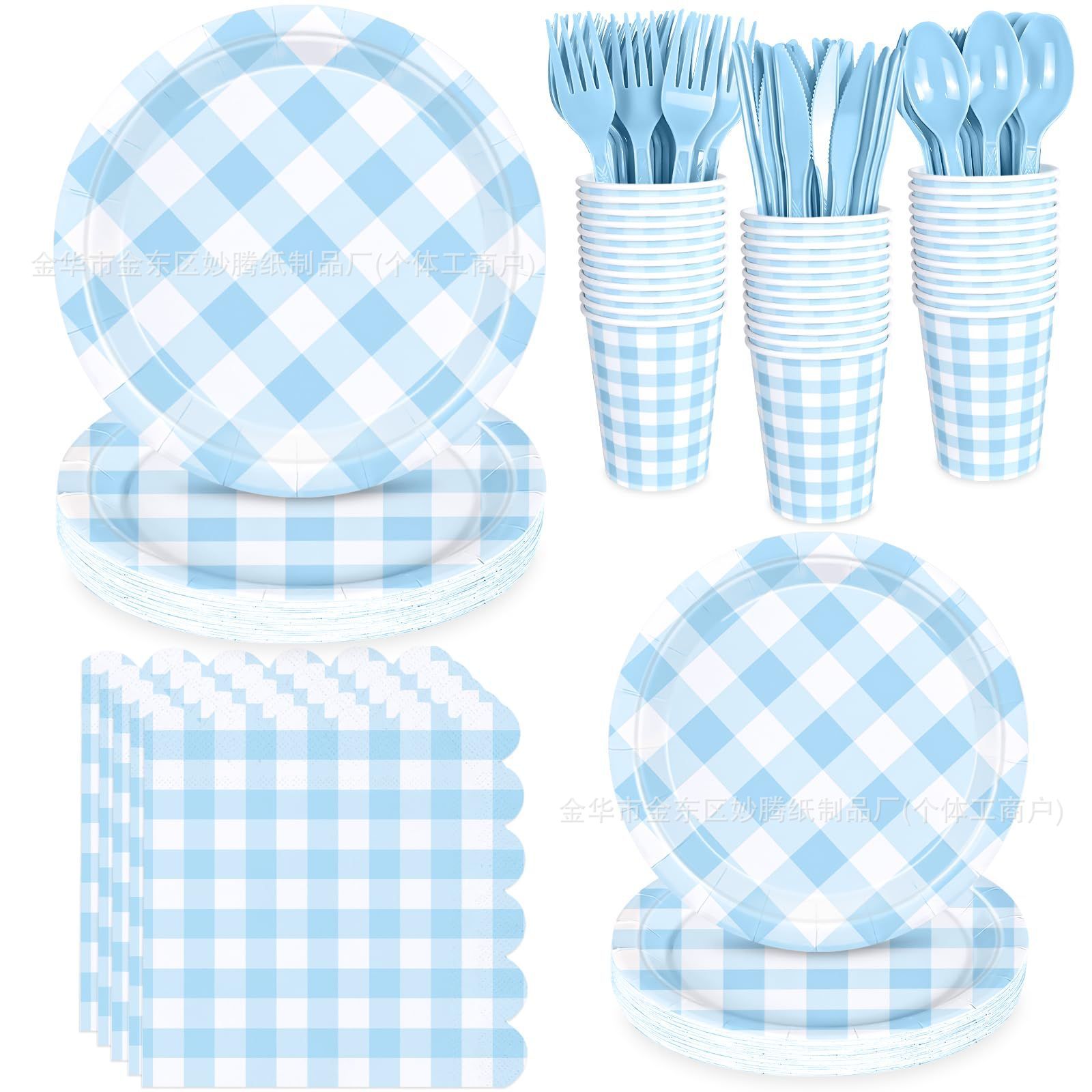 Ventas transfronterizas de platos de papel desechables redondos a cuadros con rayas de artículos de fiesta decorativos conjuntos de cubiertos desechables