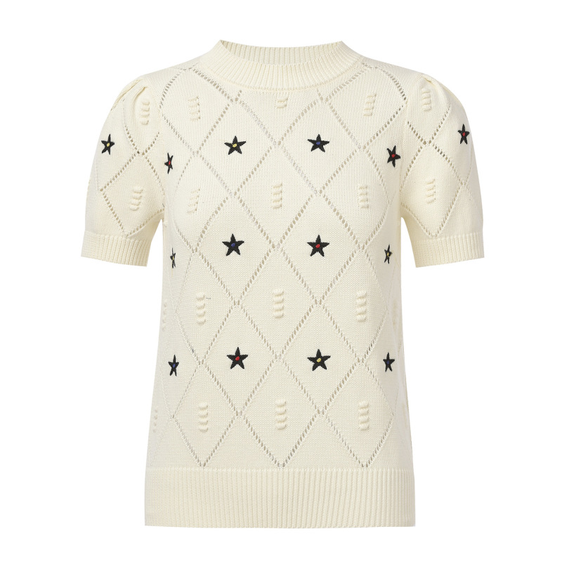 2026 Summer New Style French Style Five-Pointed Star Round Neck Cut Out Stereo Puff Sleeves Loose Knitted Top for Women 2026 Summer New Style French Style Five-Pointed Star Round Neck Cut Out Stereo Puff Sleeves Loose Knitted Top for Women