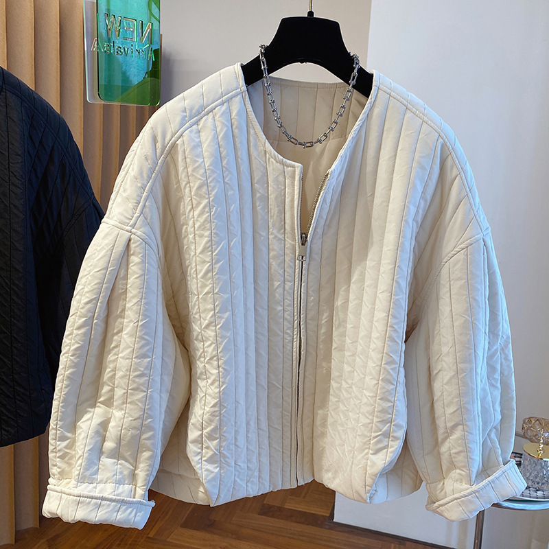 Brand Discount Fashion Retro Design Loose Striped Quilted Jacket for Women Spring and Autumn Lightweight Small Cotton Coat