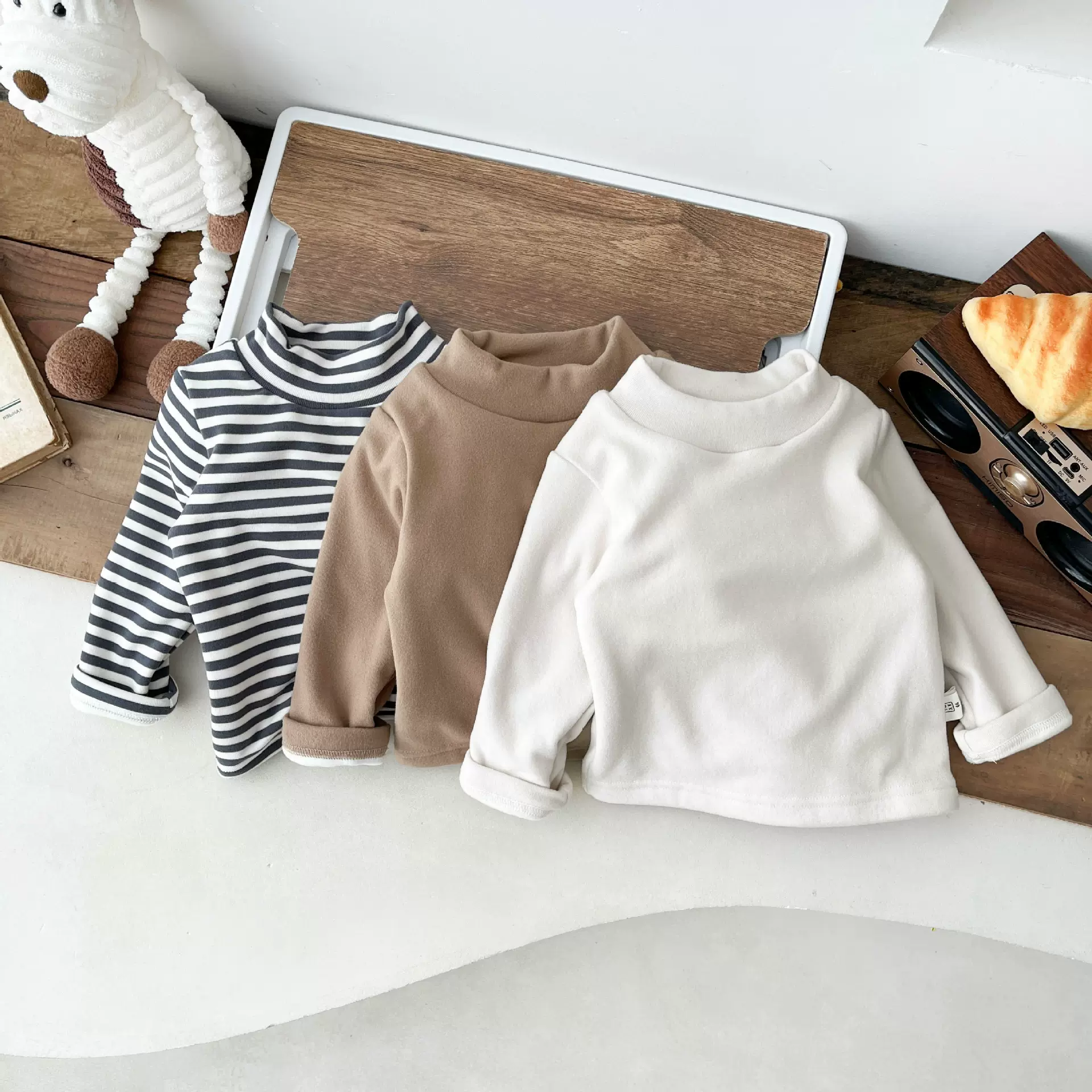 INS韩国婴幼儿T恤男女宝宝百搭打底衫纯色棉质半高领长袖弹力上衣