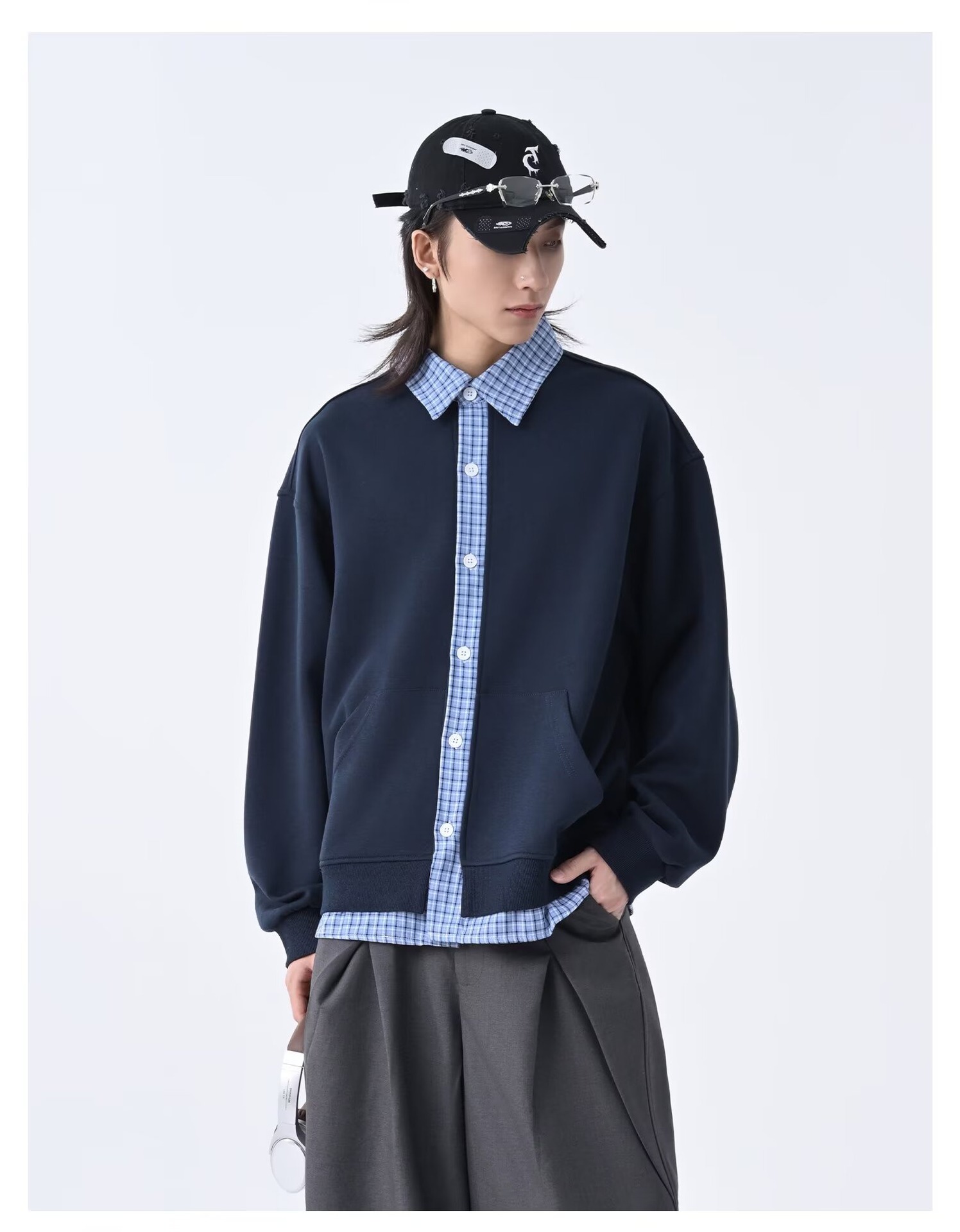 Men's Cardigan Sweatshirt Retro Checkered Patchwork Lazy Style_voghion.com