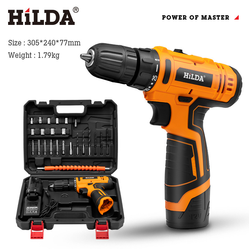 Taladro eléctrico recargable de litio Hilda para uso doméstico, herramientas eléctricas en stock, taladro manual, destornillador eléctrico