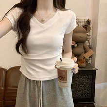 白色v领短袖t恤女2026新款夏季修身紧身短款显瘦小个子甜辣小上衣