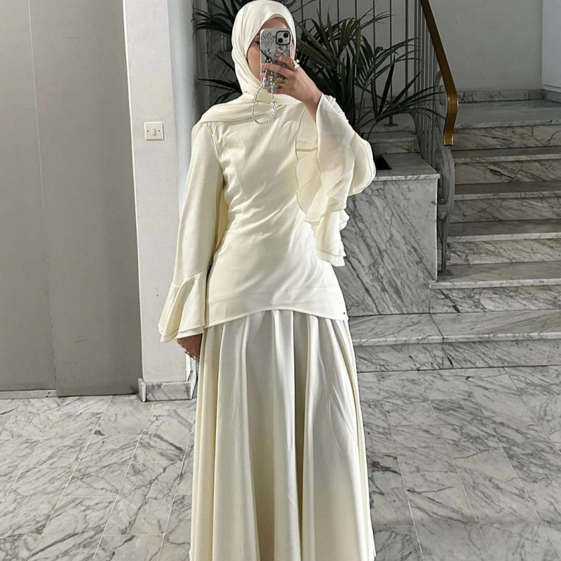 Cross-Border Long Dress 2025 Summer New Fashion Casual Loose Solid Color Long-Sleeve Elegant Headscarf Dress Set