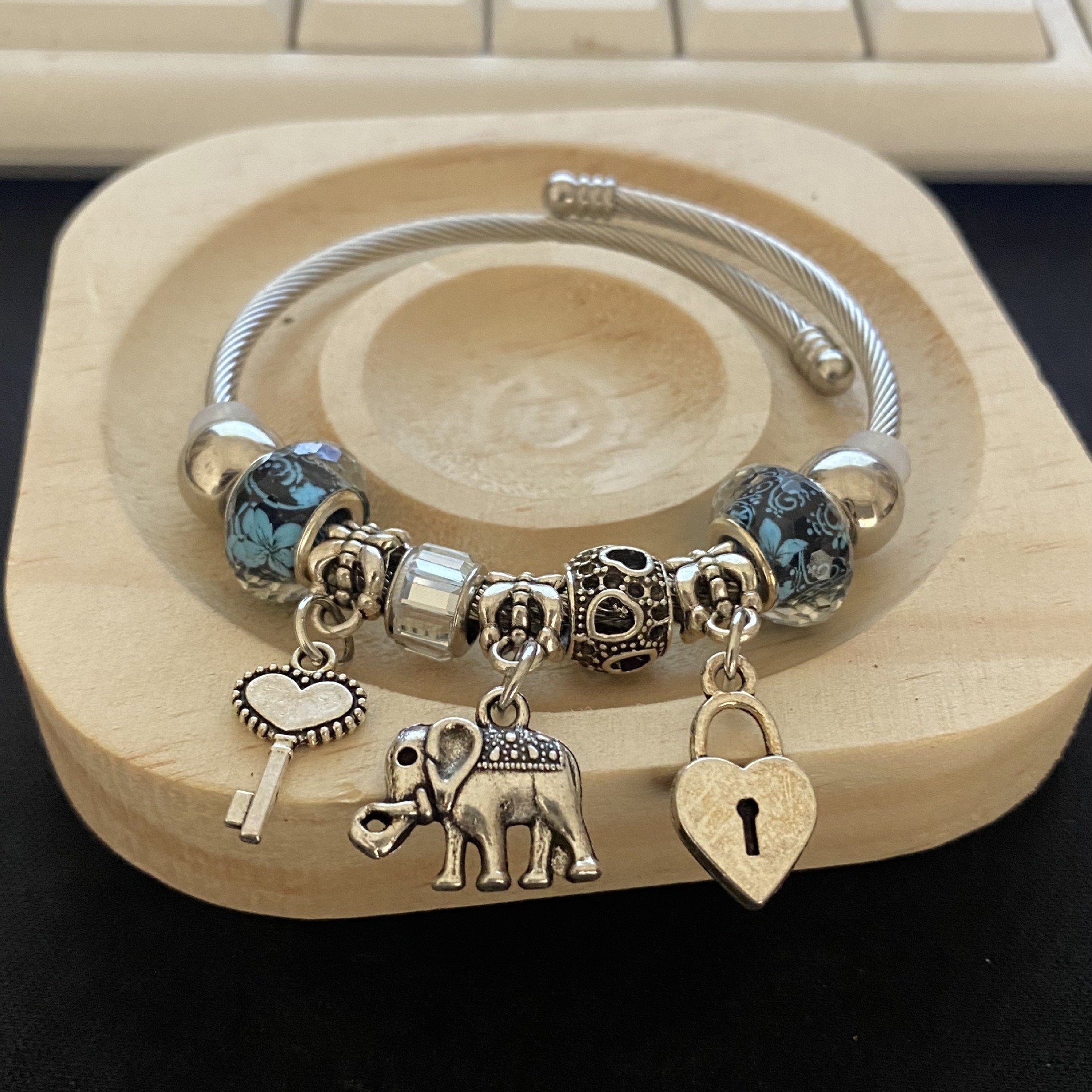Blue glass beads love God and elephant bracelet