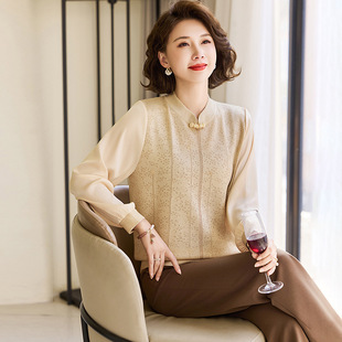 Mom's Spring Thin Elegant Shirt, Middle-Aged Women's Fashionable Gauze Sleeve Top, Middle-Aged and Elderly Spring & Fall Style Bottoming Shirt