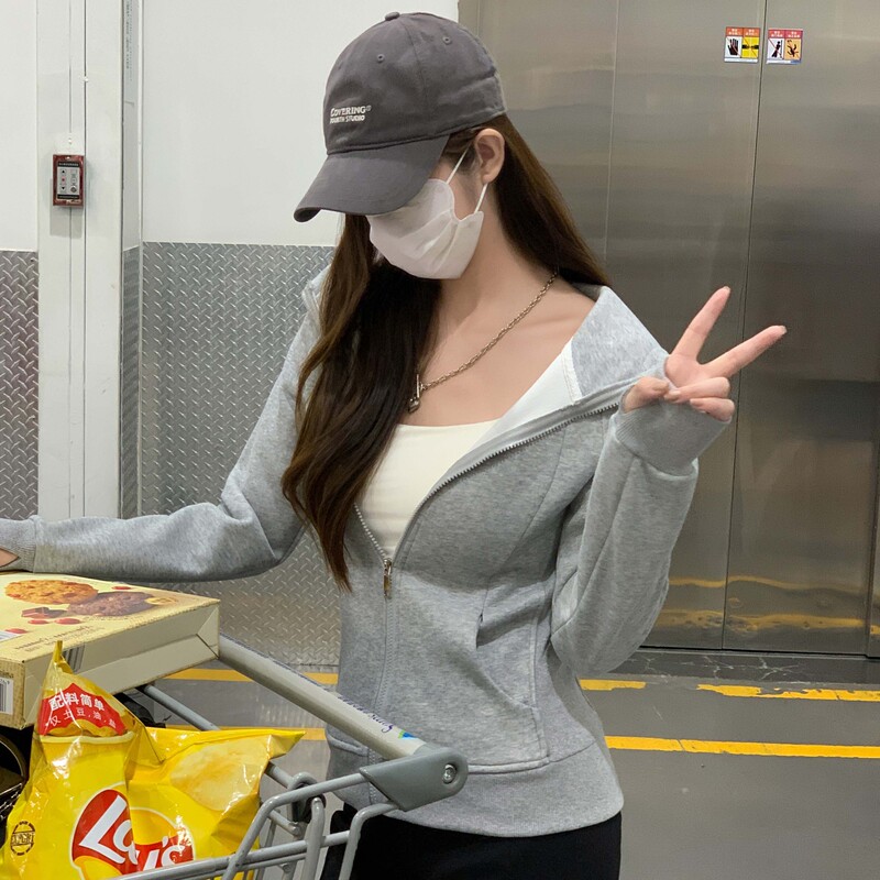 1201 Carefully Selected Hooded Zipper Sweatshirt for Women Spring & Fall Long-Sleeved Korean Style Slim Jacket Sports Yoga Wear Long-Sleeved Top