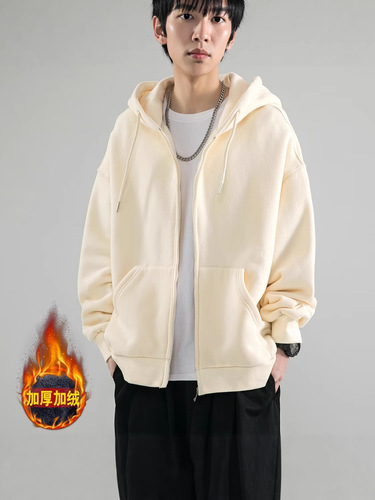 Lined and Thickened Solid Color Hooded Sweatshirt Jacket for Autumn and Winter Streetwear, Loose Fit New Trendy Teenage Boys' Apparel