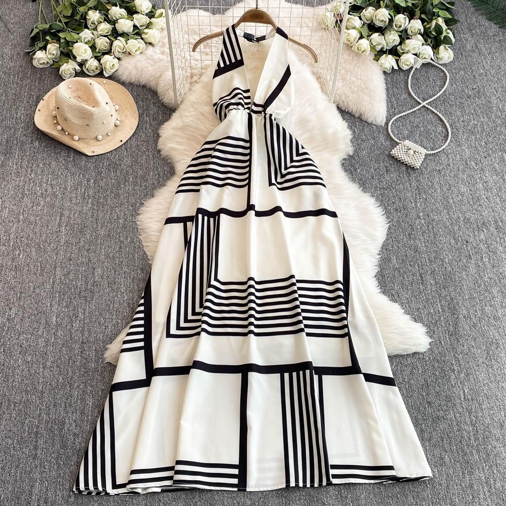 2025 Spring New Women's Elegant Striped Midi Hanging Collar dress Women's Backless Waist Slimming Long Skirt