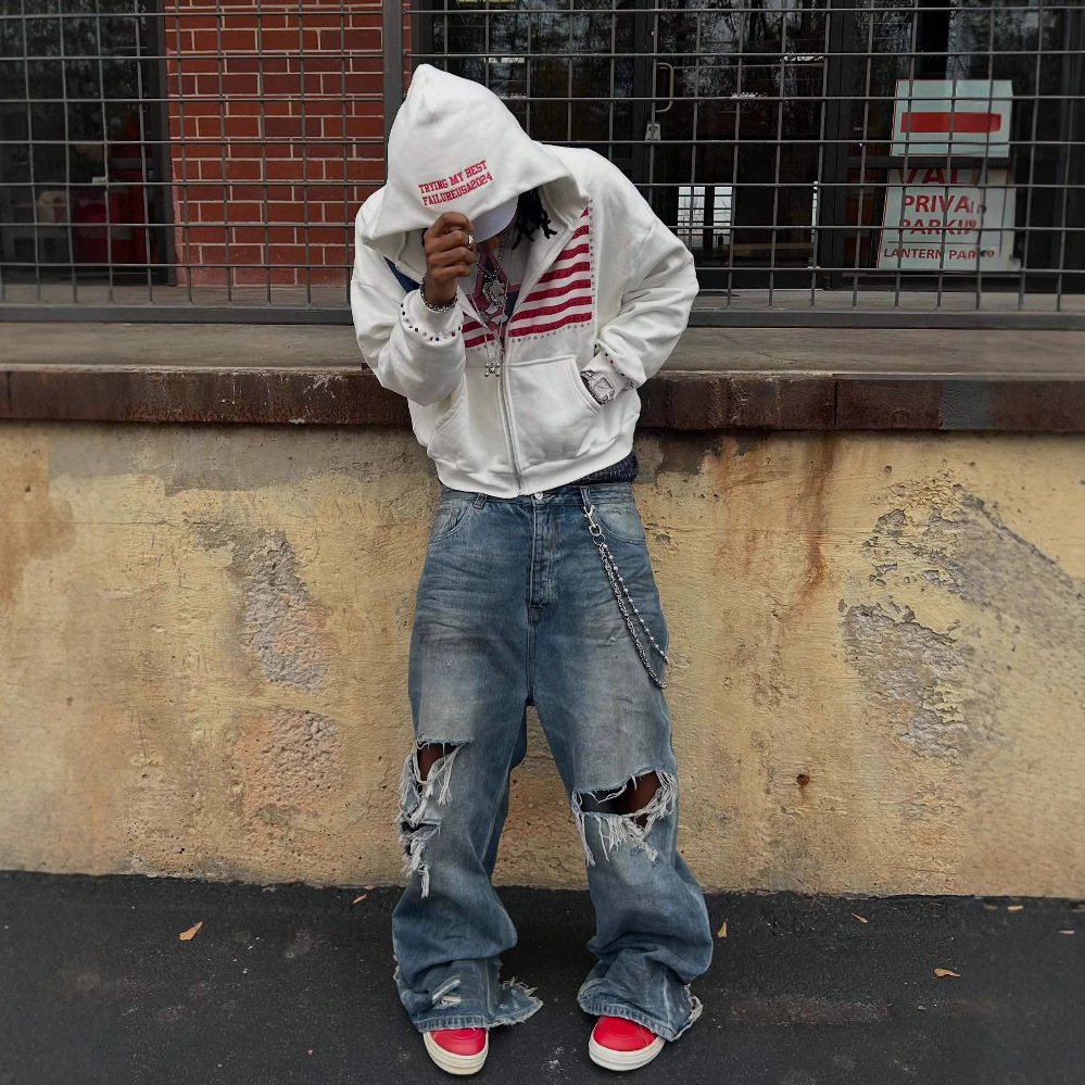 Sweat-shirt à capuche zippé tendance style hip-hop avec imprimé graphique et poches – Streetwear oversize pour homme et femme (noir/blanc, S/M/L/XL)_voghion.com