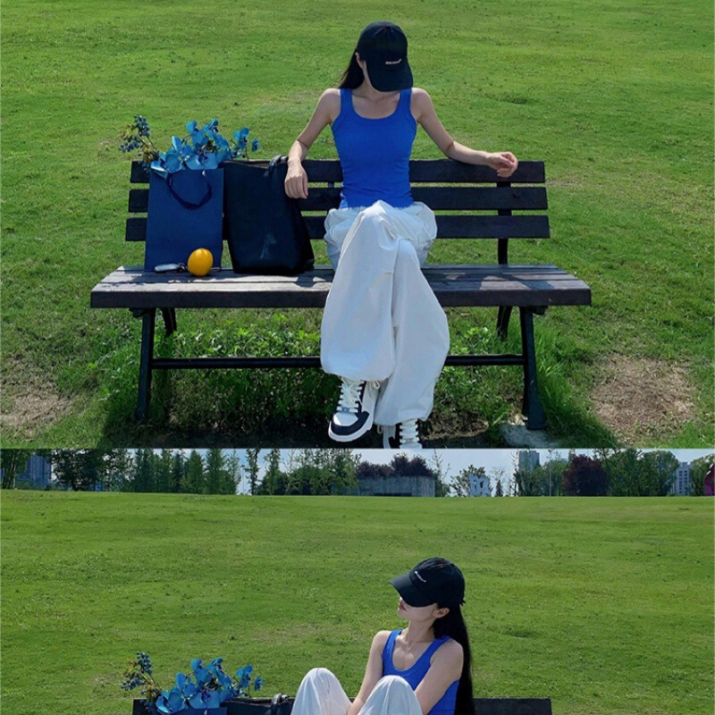 Blue Inner Ice Silk Large Neckline U-Neck Camisole Women's Summer Outerwear Knitted Sleeveless Beautiful Back Top Thin