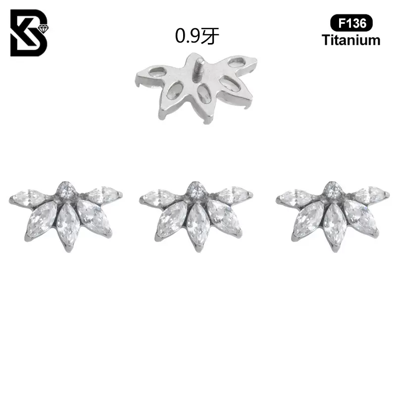 穿刺螺纹系列F136钛合金马眼雪花瓣穿刺耳钉头部0.9牙DIY耳饰配件