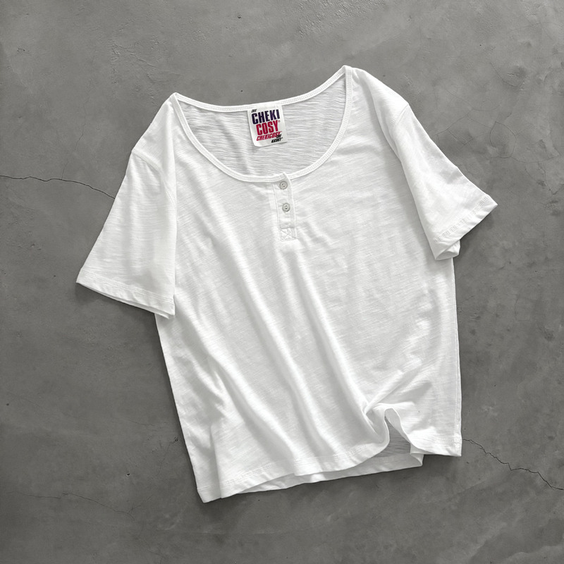 Foreign Trade Factory Dongdaemun Korean Style Half-Buttoned White T-Shirt That Reveals Collarbone, Slim Fit, Regular Shoulder, Henley Collar, Bamboo Cotton Base Shirt
