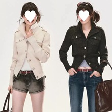 现货 AD收腰立领外套女显瘦修身夹克复古通勤百搭上衣罗口拼接