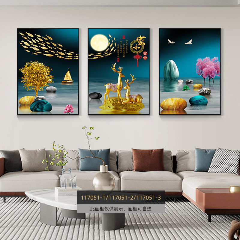 Pintura de decoración de la sala de estar moderna de lujo ligera Fukuyan atmósfera tripartita mural significa un buen fondo de sofá pintura colgante de pared