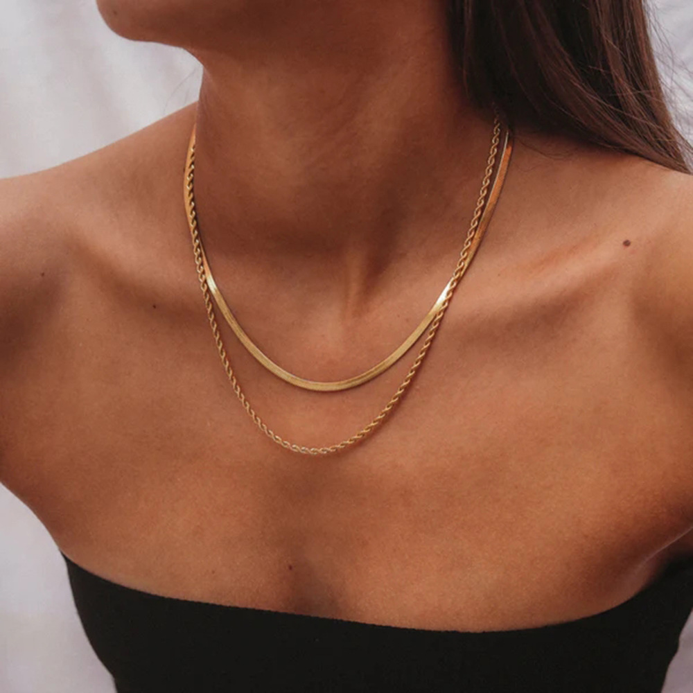 Collar de cadena de acero inoxidable de doble capa con diseño de cadena trenzada de titanio vintage, estilo INS, cadena plana tipo serpiente, venta al por mayor para mujer, forma geométrica