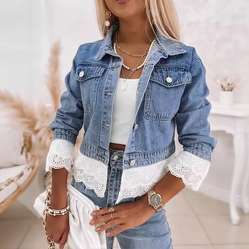 Cross-Border Women's Non-Elastic Cuffs and Hem Multi-Layered Lace Long-Sleeved Denim Jacket