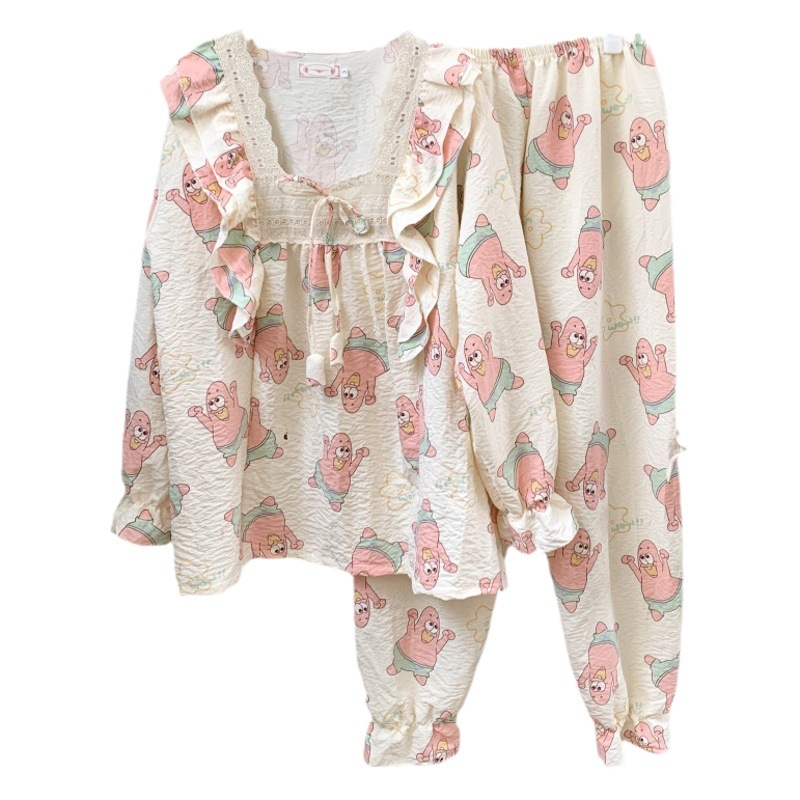 Francés dulce floral manga larga de algodón fresco pijamas chica otoño e invierno en línea estilo rojo 2023 nuevo desgaste casero