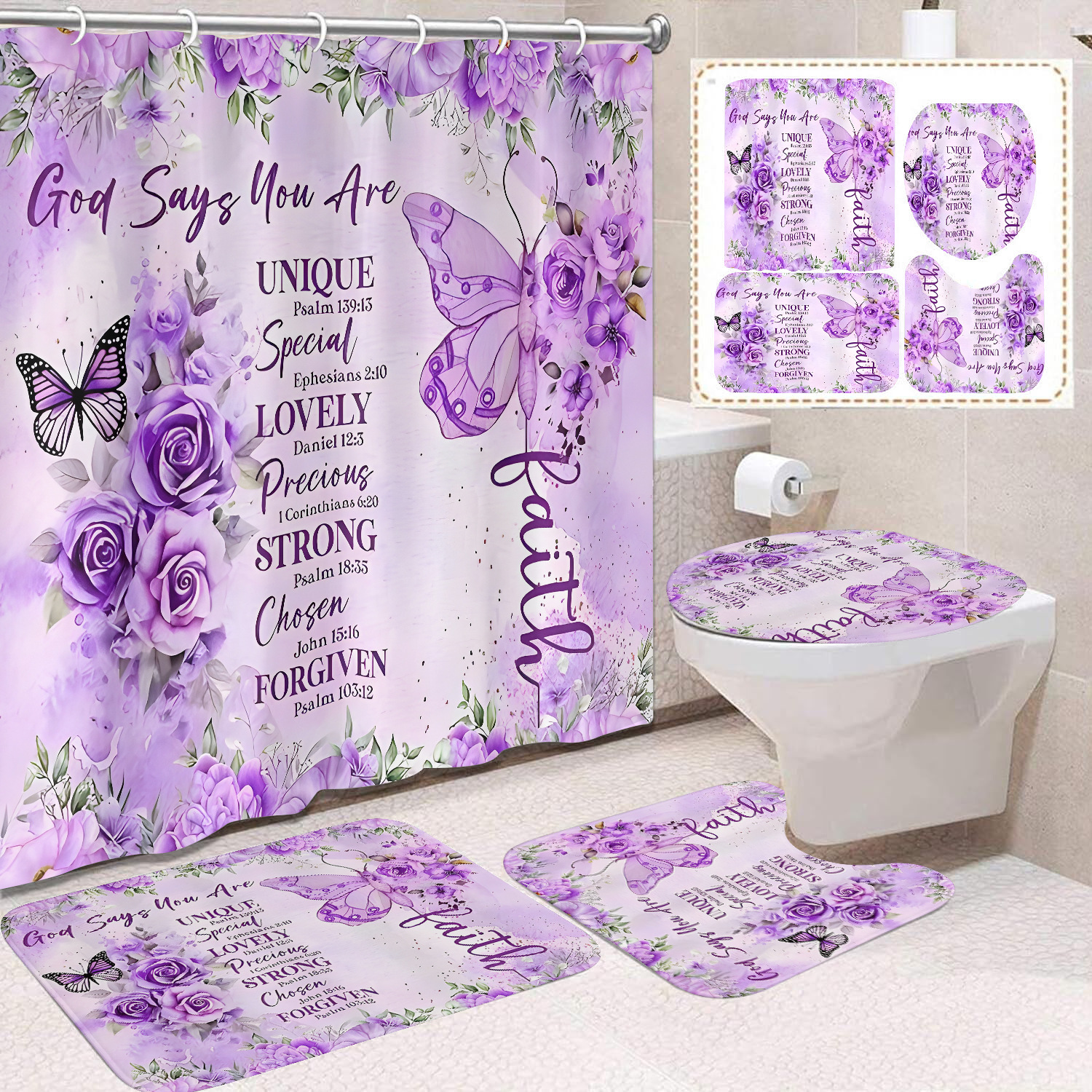Transfronterizo Amazon cortina de ducha de color degradado cortina de baño letra patrón de mariposa cortina de ducha impermeable y a prueba de moho image 36