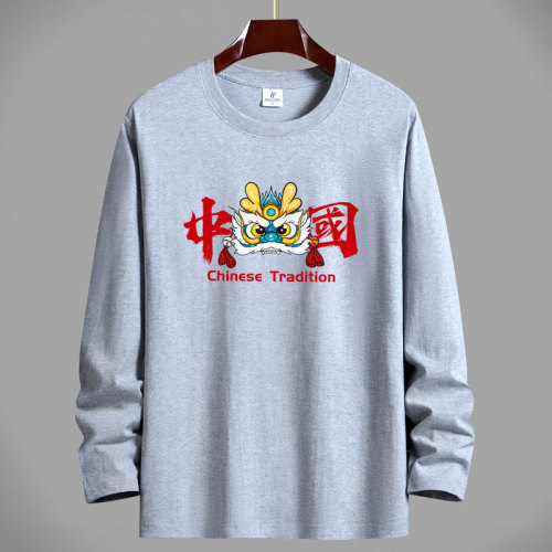 Spring and Autumn Long-Sleeve T-Shirt for Men: Pure Cotton Top, Crew Neck, Loose Fit, Plus Size, Trendy National Style Base Layer Shirt