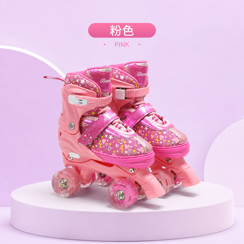 Nuevos patines de ruedas, patines de dos filas, patines de cuatro ruedas, patines rosas ajustables para niños y niñas en la escuela primaria