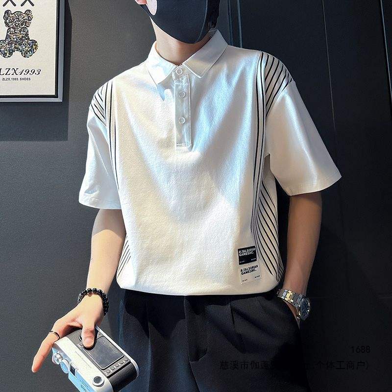 Black and white striped collared polo shirt, slim fit, short sleeve, summer men's patchwork T-shirt, 2026 new style.