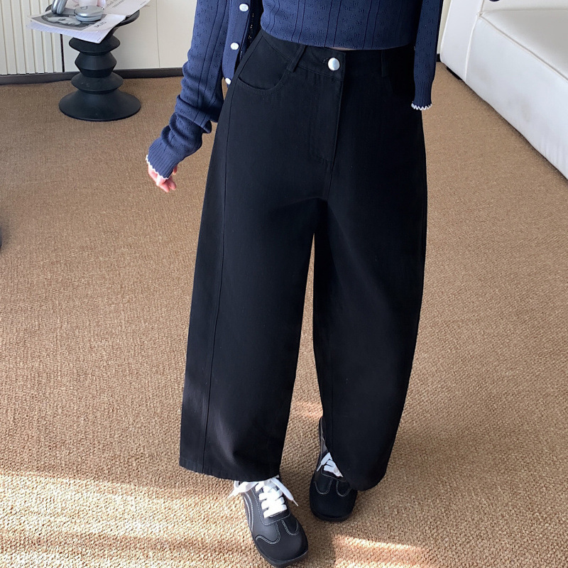 藏青色九分洗水棉阔腿裤女秋冬小个子高腰显瘦宽松直筒垂感休闲裤|undefined