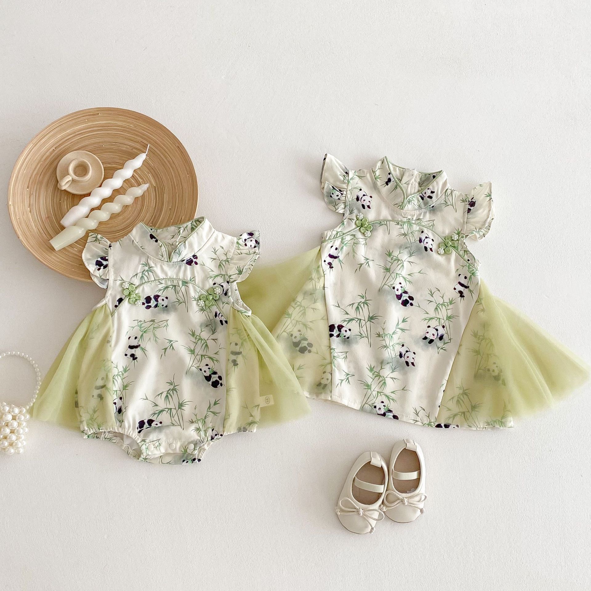 Pandillas de panda para bebés 0-5 años de edad, bebé de verano, mampara de estilo chino, vestido de moda para niñas de estilo occidental