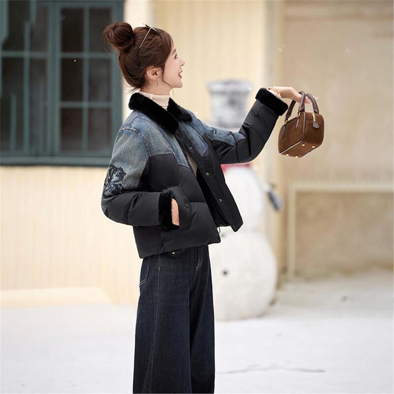 2026 Fashionable New Design Denim Embroidered Short Patchwork down Jacket, Stylish Slim-Fit Warm Coat